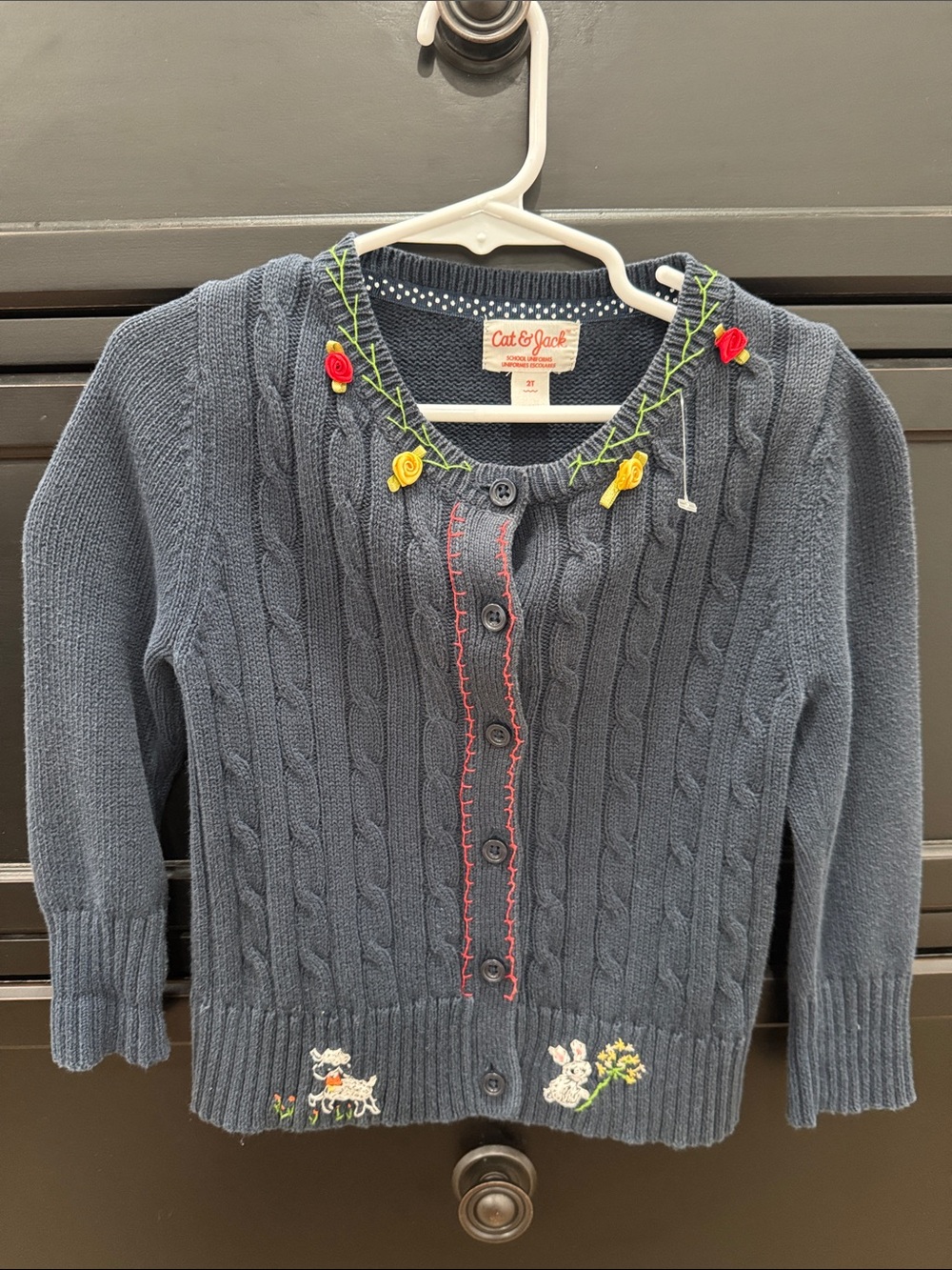 Cat & Jack Vintage Navy Cable-Knit Cardigan with Floral Appliqués NWOT
